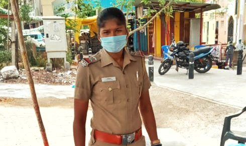 India midfielder Imdumathi Kathiresan on Police duty in Chennai during the COVID-19 Lockdown.