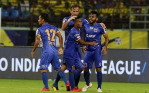 Pranjal Bhumij celebrates with his teammates during match 7 of the Hero Indian Super League 2018 ( ISL ) between Kerala Blasters and Mumbai City FC held at the Jawaharlal Nehru Stadium, Kochi, India on the 5th October Photo by: Faheem Hussain /SPORTZPICS for ISL