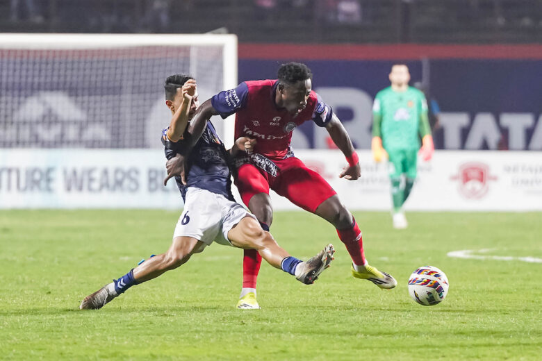 Raphael Eric Messi Bouli of Jamshedpur FC & Haobam Tomba Singh of Inter Kashi during match 22 of INDIAN SUPER LEAGUE played between Jamshedpur FC and Inter Kashi FC at the JRD Tata Sports Complex in Jamshedpur on 6th March 2026.