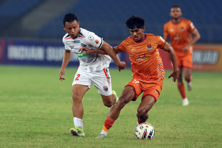 Redeem Tlang of North East United FC and Muhammad Suhail F of Punjab FC fighting for the ball during match 27 of the Indian Super League, played between Punjab FC and North East United FC at the Jawaharlal Nehru Stadium in Delhi on 9th March 2026