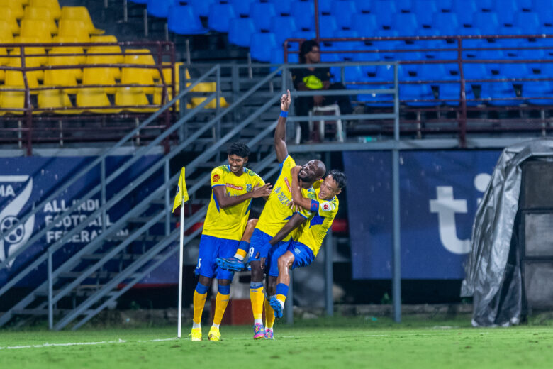 Kevin Yoke of Kerala Blasters FC scored a goal and celebrating