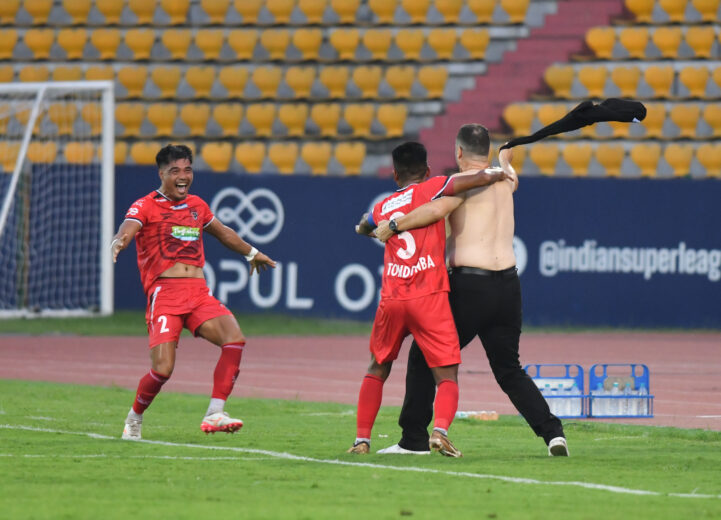 NEUFC celebrates after scoring a goal during match 90 of the Indian Super League